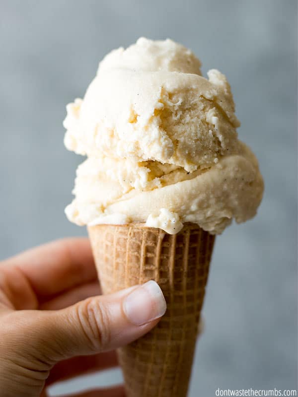 A hand holds a vanilla bean ice cream cone. The vanilla cream ice scoop sits on top of the waffle cone.