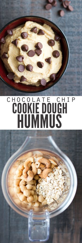 Two images, the first is a bowl of chickpea cookie dough hummus with chocolate chips on top. The second image is a blender filled with ingredients for cookie dough hummus, including oats, cashews and chickpeas. Text overlay says, "Chocolate Chip Cookie Dough Hummus".