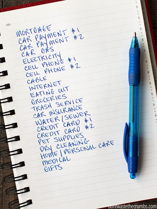 A handwritten list of home expenses, including mortgage, car payments, cell phones, cable, internet, groceries and eating out, trash, insurance, credit cards, pet supplies, dry cleaning, and personal care are jotted down in a notebook.