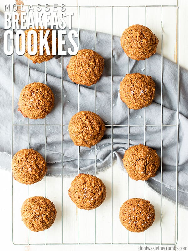 My kids love molasses breakfast cookies because hello - cookies! I love that they're whole grain without processed sugar, and they're packed with healthy ingredients like flaxseed and coconut oil! :: DontWastetheCrumbs.com