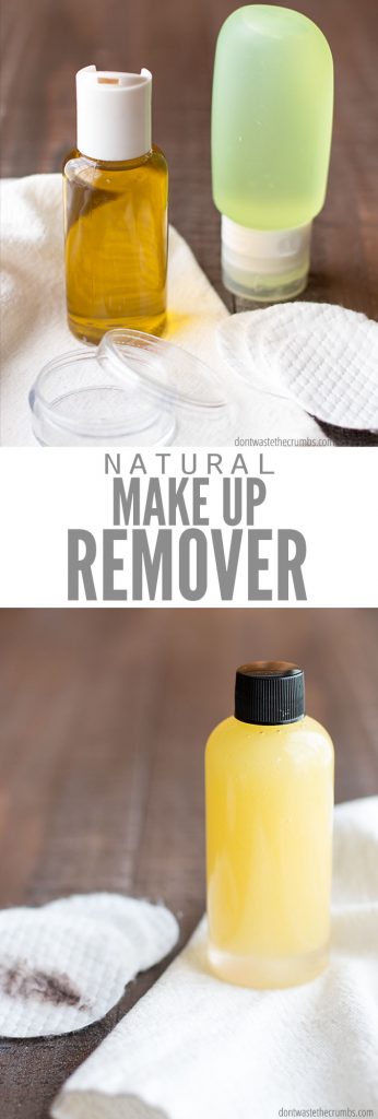Two images with bottles of natural makeup remover and cotton rounds. Text overlay says, "Natural Make Up Remover".