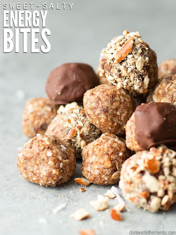 Pile of energy balls. Text overlay reads "Sweet-Salty Energy Bites"