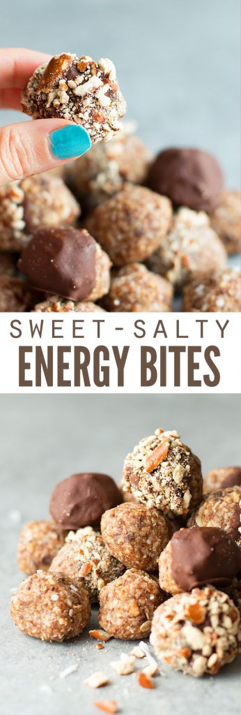 Two images with a pile of energy bites, some dipped in chocolate, others coated in crushed pretzels. Text overlay says, "Sweet-Salty Energy Bites".