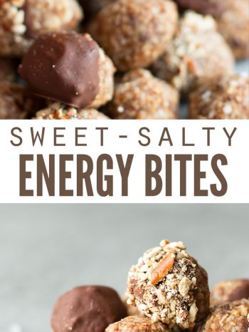 Two images with a pile of energy bites, some dipped in chocolate, others coated in crushed pretzels. Text overlay says, "Sweet-Salty Energy Bites".