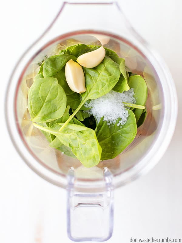 Spinach, garlic, and salt in a blender.
