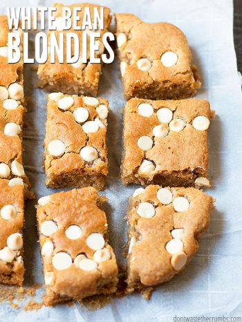 Naturally sweetened recipe for delicious white bean blondies - my kids love it! Baking with beans instead of flour adds protein to this healthy dessert. :: DontWastetheCrumbs.com