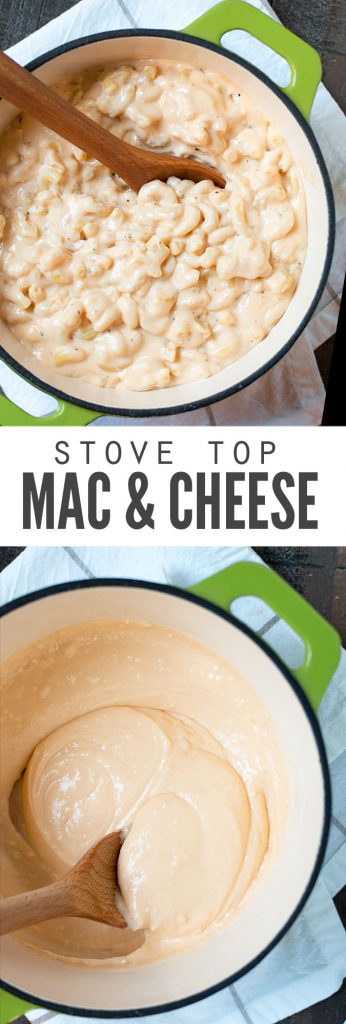 Two images, the first is a pot filled with macaroni and cheese, the second is a pot filled with the creamy cheese sauce. Text overlay says, "Stove Top Mac & Cheese".