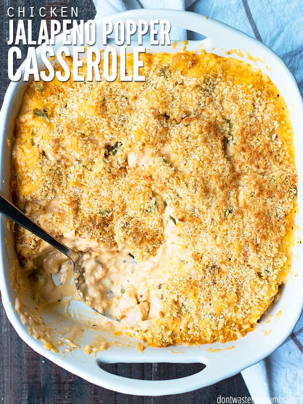 Chicken Jalapeno Popper Casserole tastes just like jalapeno poppers minus the junk! This made-from-scratch meal also has chicken and it's ready in less than 30 minutes. My family loves it! :: DontWastetheCrumbs.com