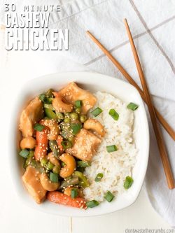 We make this cashew chicken recipe almost every week. It's super fast, super easy and the kids love it. Be sure to make extras because leftovers are great! :: DontWastetheCrumbs.com