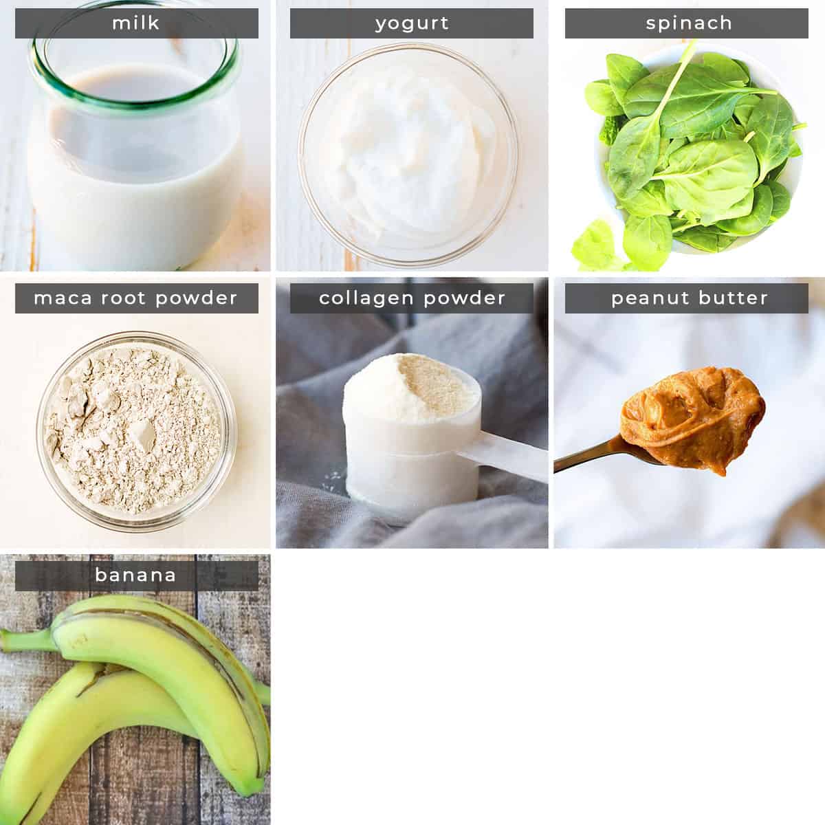 Image containing recipe ingredients milk, yogurt, spinach, maca root powder, collagen powder, peanut butter, and bananas.