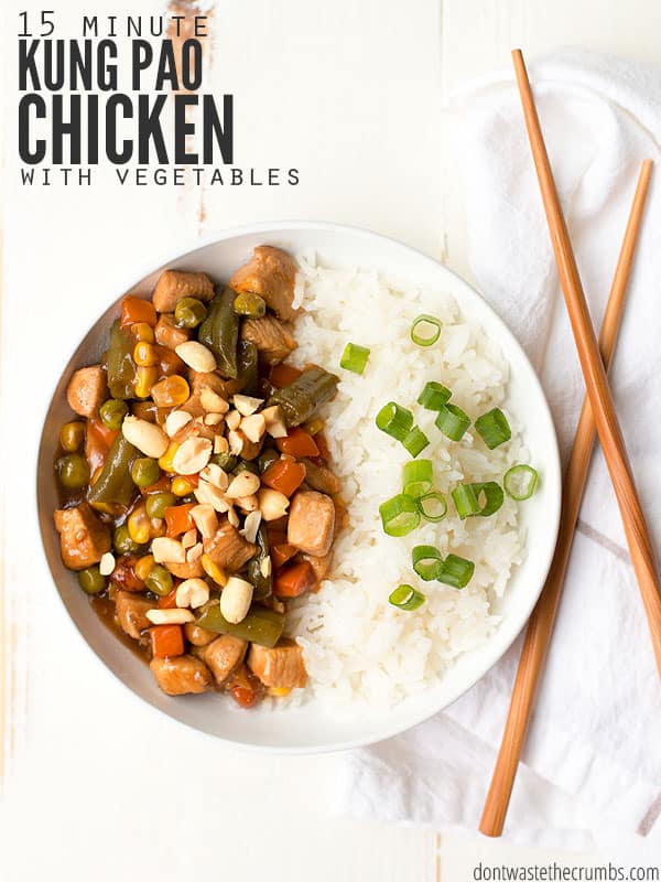 Better than take-out, this kung pao chicken with vegetables is easy to make and ready in just 15 minutes. Plus it's made with ingredients you have in the pantry and cheaper than take-out too! :: DontWastetheCrumbs.com