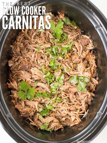 This is the best slow cooker carnitas recipe I've had, and I've eaten lots of tacos! We keep coming back to this recipe, because it's so tasty and easy! :: DontWastetheCrumbs.com
