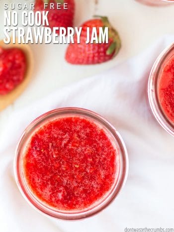 My kids LOVE this easy recipe for freezer strawberry jam. It has no pectin, no sugar and it's great for beginners. We tried others, but this is the best! :: DontWastetheCrumbs.com