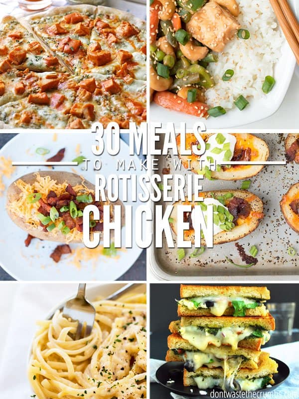 Pick up a chicken and call dinner done with 38 healthy meal ideas to make with a rotisserie chicken. Shred the chicken to make the meat last even further! :: DontWastetheCrumbs.com