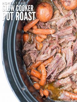 This crock pot pot roast is SUPER easy and with just 15 minutes of hands-on time, it practically cooks itself! Use 5-minute homemade cream of mushroom soup and serve with a simple salad with homemade Italian dressing and dinner is DONE!