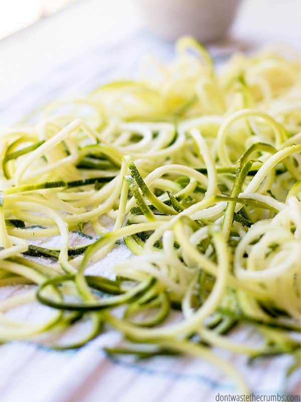 Zoodles drying on a towel.