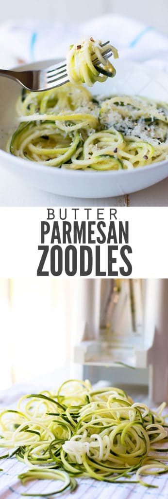 Two images, the first with a bowl filled with zucchini noodles topped with parmesan cheese, the second image is of a zoodler and a pile of zoodles. Text overlay, "Butter Parmesan Zoodles"