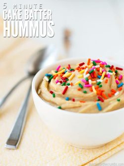 This cake batter hummus recipe is like a healthy cake batter dip. My kids like it just as much as cookie dough hummus, and they're both so easy to make! :: DontWastetheCrumbs.com