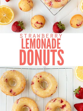 Two images of homemade donuts and doughnut holes sitting on a cooling rack, drizzled with glaze. Text overlay says, "Strawberry Lemonade Donuts".