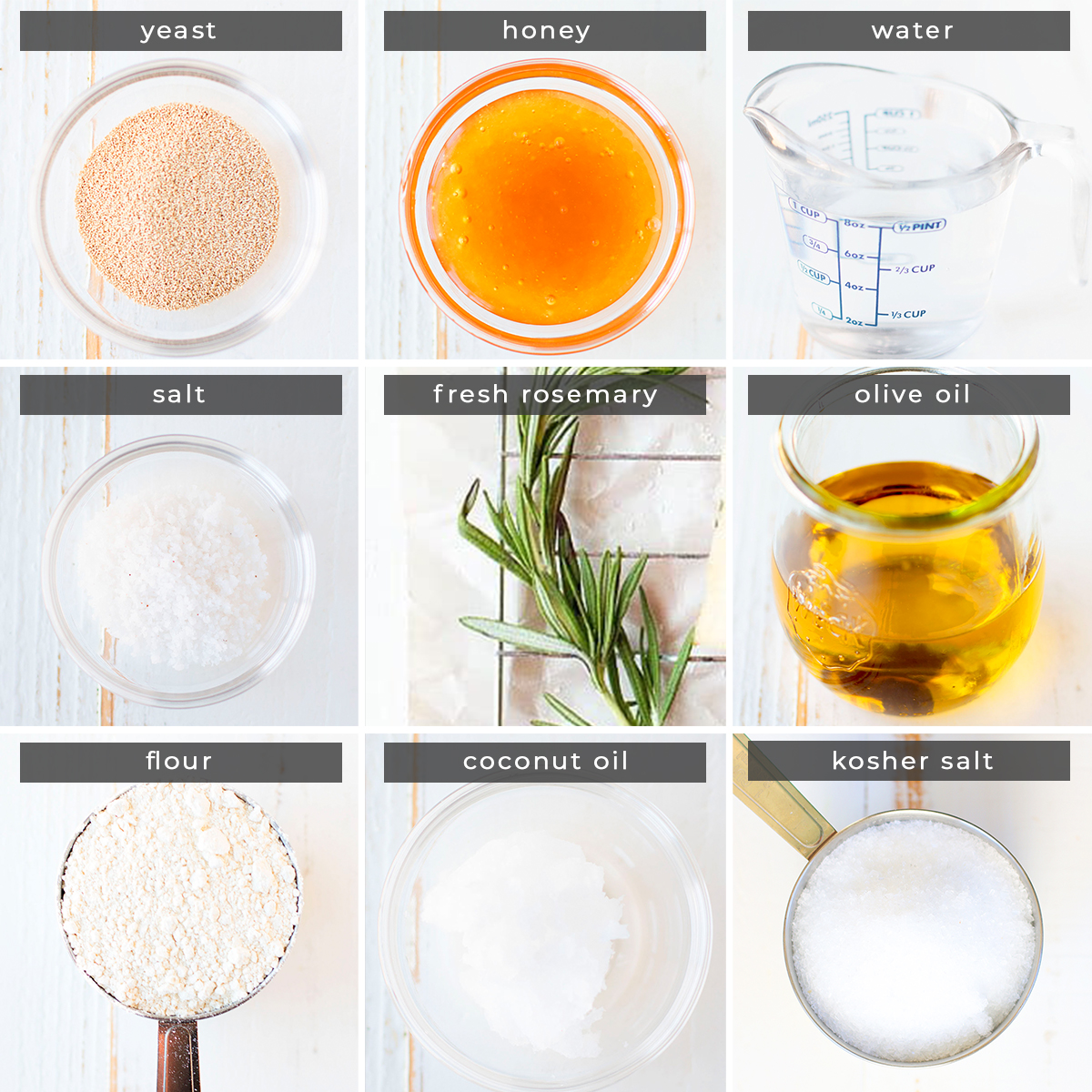 Image containing recipe ingredients yeast, honey, water, salt, fresh rosemary, olive oil, flour, coconut oil, kosher salt.