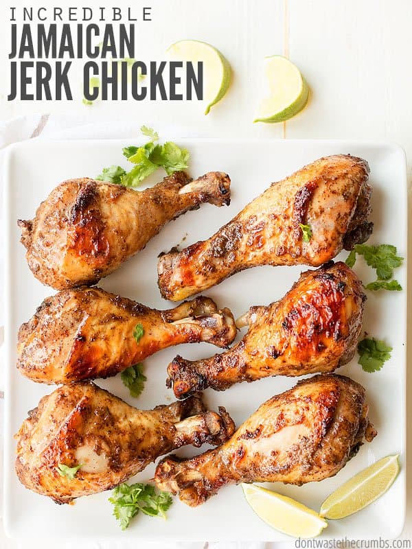 Super easy & tasty recipe for oven baked Jamaican jerk chicken that takes you back to the Caribbean! The marinade is the perfect blend of seasoning & heat!