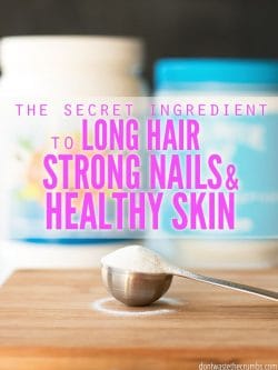 A scoop of collagen on a cutting board. Text overlay says "The Secret Ingredient to Long Hair Strong Nails, and Healthy Skin"