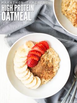 This high protein oatmeal recipe is what I make before my long runs. Your choice of Quaker oats or steel-cut plus banana and blueberry to sweeten naturally! This high protein breakfast keeps me more full, longer. :: DontWastetheCrumbs.com