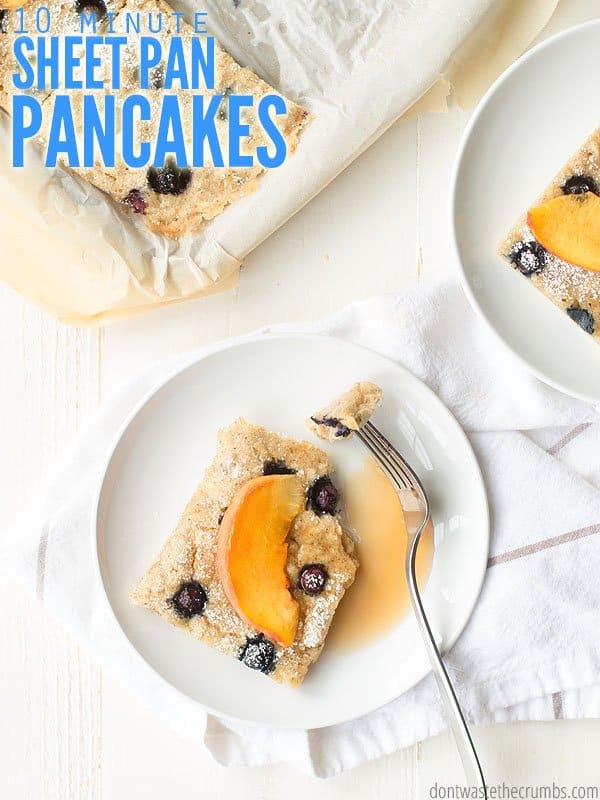 Sheet pan pancakes on a white plate with a fork. Text overlay reads, "10 Minute Sheet Pan Pancakes".