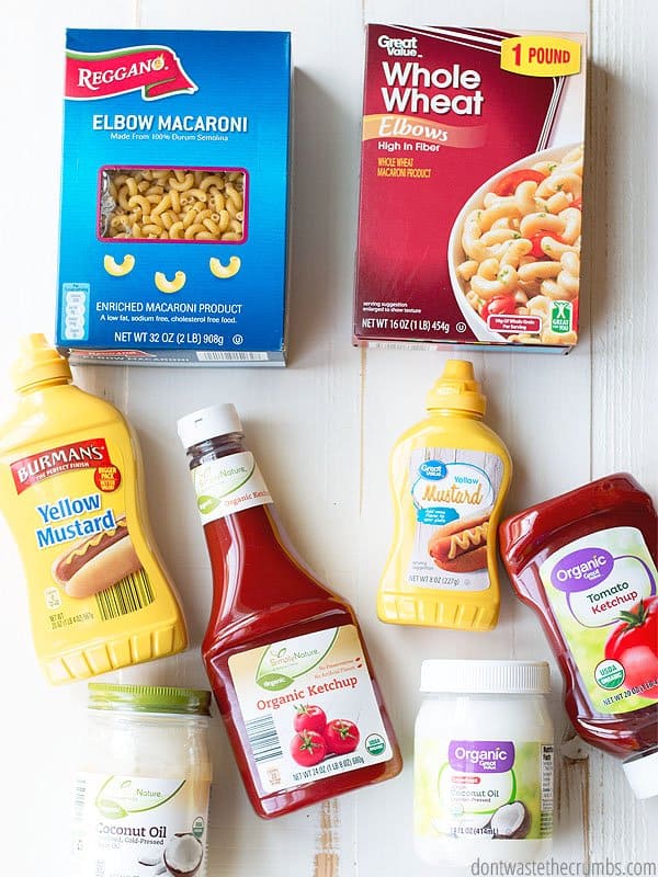 Walmart products: Boxed elbow macaroni, mustard, ketchup

Aldi products: Boxed whole wheat elbows, mustard, organic ketchup