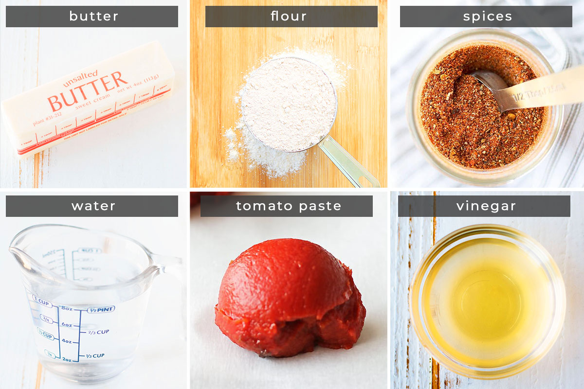 Image containing recipe ingredients butter, flour, spices, water, tomato paste, and vinegar.