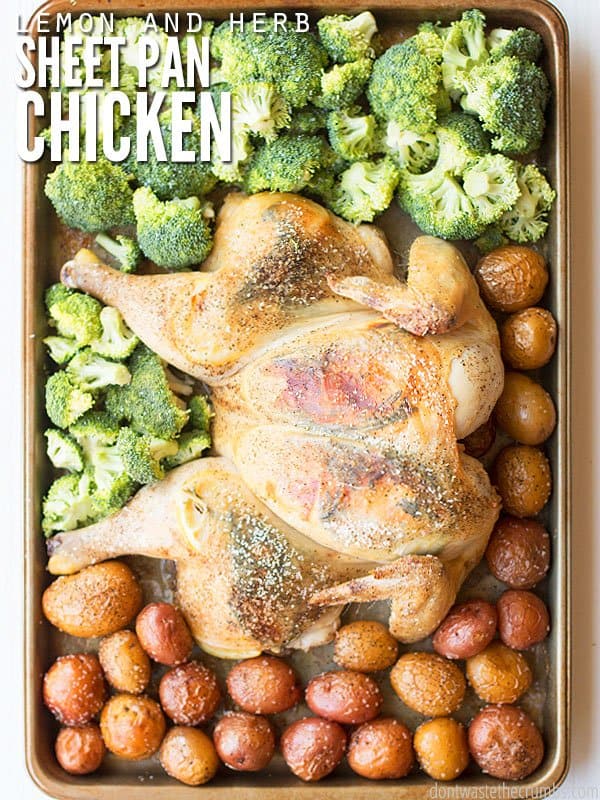 Lemon and herb sheet pan chicken dinner is so good and fast! Ready in under an hour like the Pioneer Woman, but uses a whole chicken, potatoes and broccoli! :: DontWastetheCrumbs.com