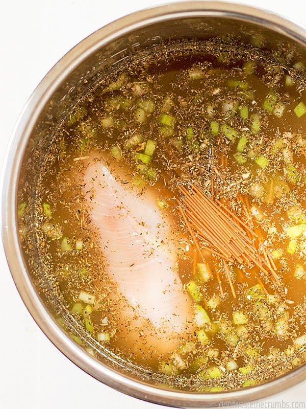Chicken stock, fresh vegetables, uncooked noodles, and a raw chicken breast being prepared to be cooked.