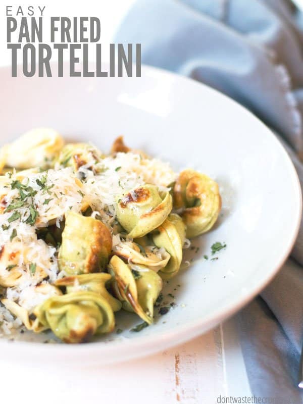 Pan fried tortellini is crispy and makes for a quick weeknight dinner. We've tried homemade pan fried ravioli without breadcrumbs, and it's delicious too! :: DontWastetheCrumbs.com