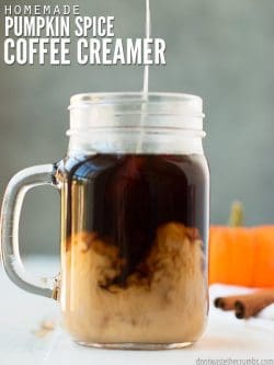 Homemade pumpkin spice creamer that's healthy and made with real pumpkin and no refined sugar. So good, and much healthier than the powder!