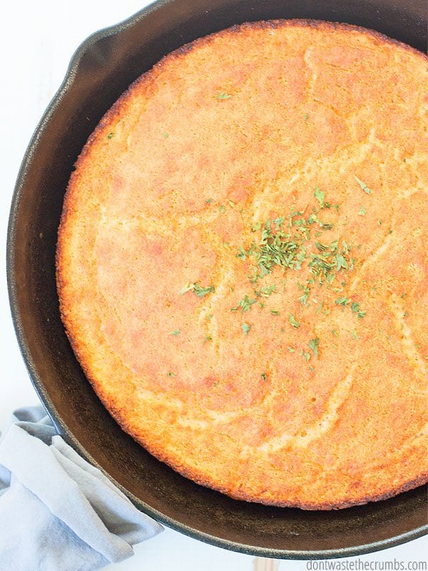 Cast iron skillet cornbread is the best! This recipe uses buttermilk and no sugar. A delicious real food recipe!