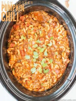 Easy pumpkin chili made with ground beef in the slow cooker. Paleo approved, and can be modified for vegetarian or even add black beans for extra protein! :: DontWastetheCrumbs.com