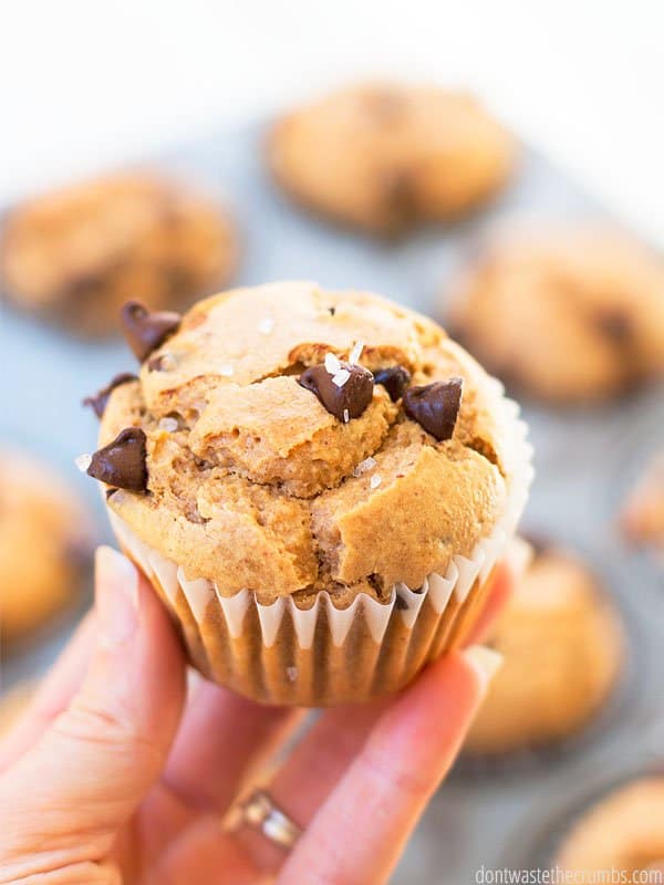 A freshly baked peanut butter chocolate chip muffin made with vanilla extract.