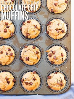 Muffin cooking sheet filled with cooked chocolate chip muffins. Text overlay Peanut Butter Chocolate Chip Muffins.