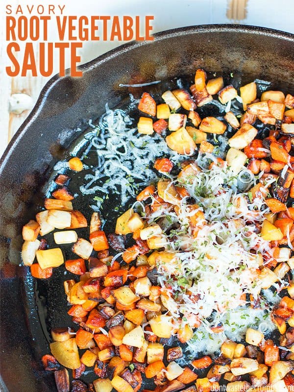 My step-mom's root vegetable saute includes carrots, parsnips and turnips, but we've had it with beets and potatoes too. Even my picky husband loves it! :: DontWastetheCrumbs.com