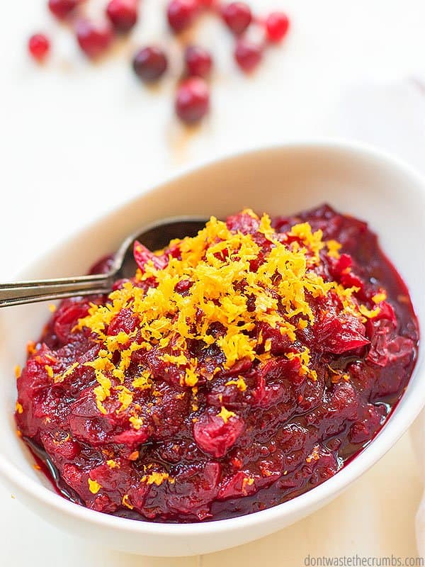 My slow cooker cranberry sauce recipe uses oranges and cinnamon for a touch of flavor. But you can also use vanilla, bourbon, or whatever you choose! Plus this recipe is still sweet even without sugar added.