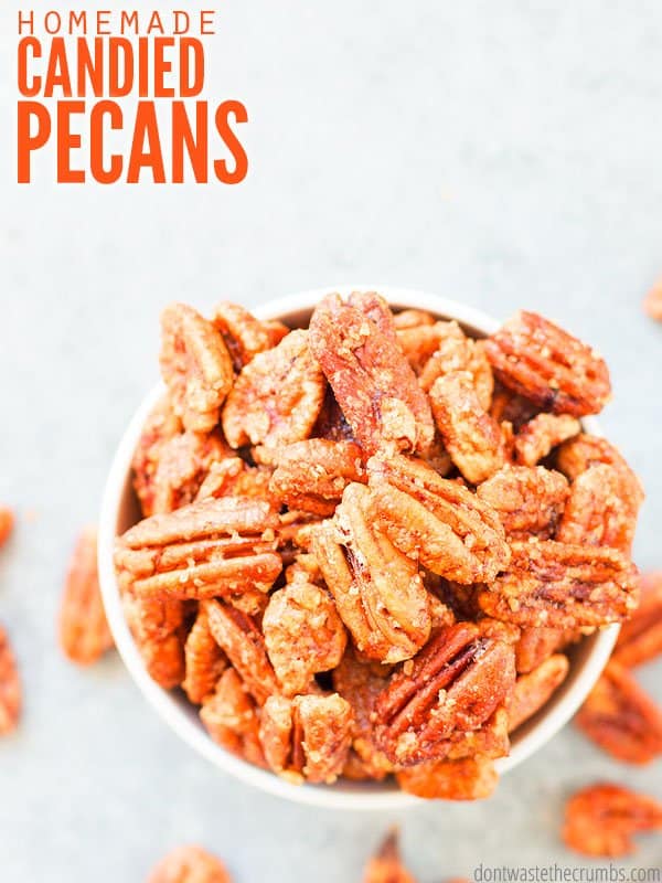 Skip the brown sugar and maple syrup - use molasses and turbinado sugar to make healthy candied pecans. Cayenne makes them spicy too - these are crazy good! :: DontWastetheCrumbs.com