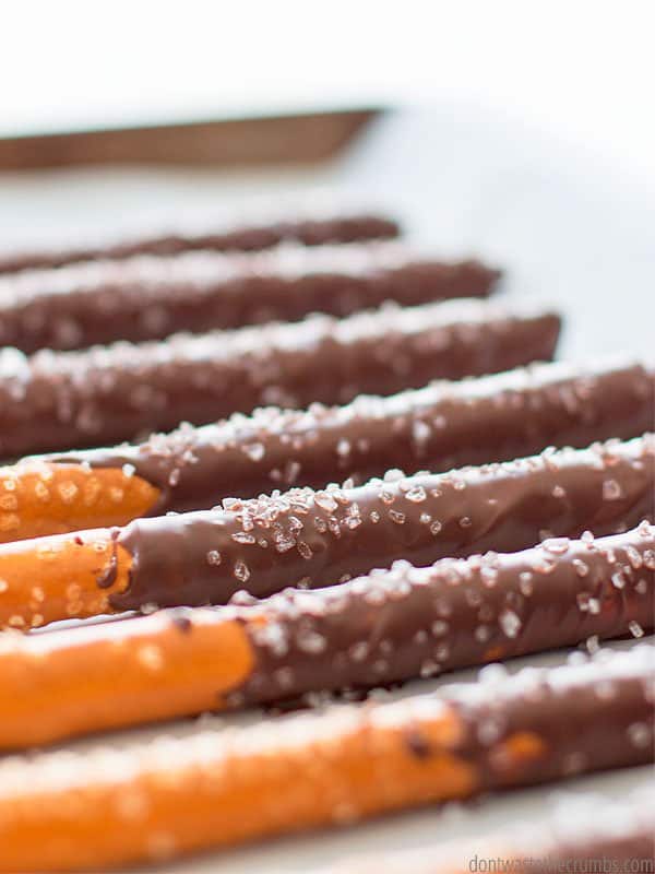 Dark chocolate dipped pretzels with sea salt toppings