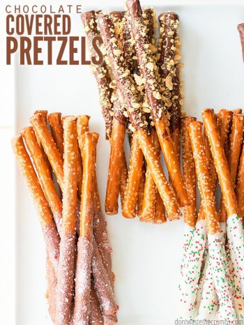 How to make chocolate covered pretzels using any kind of real chocolate, instead of candy melts. The white chocolate with sprinkles is a hit! These simple treats make a perfect, sweet and salty gift. :: DontWastetheCrumbs.com