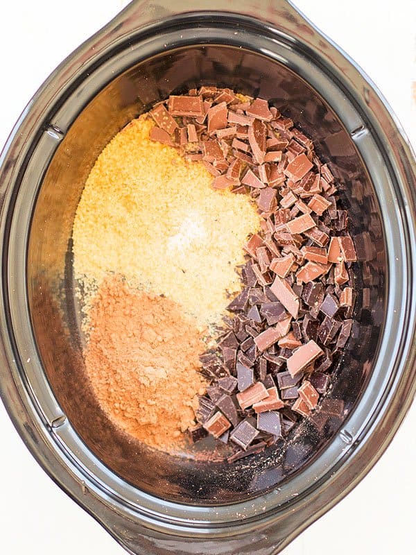 The ingredients that are needed this hot chocolate recipe are in the crockpot ready to be mixed!