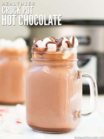 Easy & creamy crockpot hot chocolate without sweetened condensed milk! No need for mix packets - use chocolate, sugar, cocoa, & milk! + Dairy-free options.