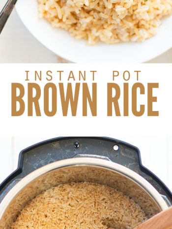 Two images, the first is a bowl of brown rice topped with parsley. The second image is brown rice in the Instant Pot with a wooden spoon. Text overlay says, "Instant Pot Brown Rice".