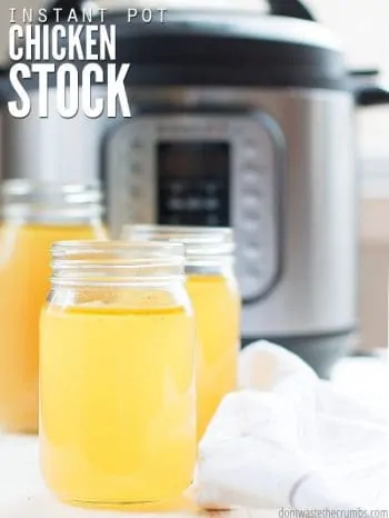Mason jars filled with golden chicken bone broth with an Instant Pot in the background. Text overlay Simple Instant Chicken Stock.