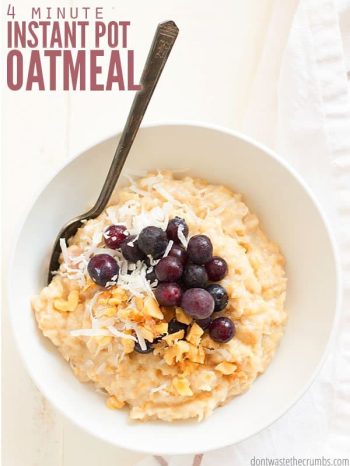 Round white bowl filled with oatmeal, topped with blueberries and coconut flakes. Text overlay 4 Minute Instant Pot Oatmeal.