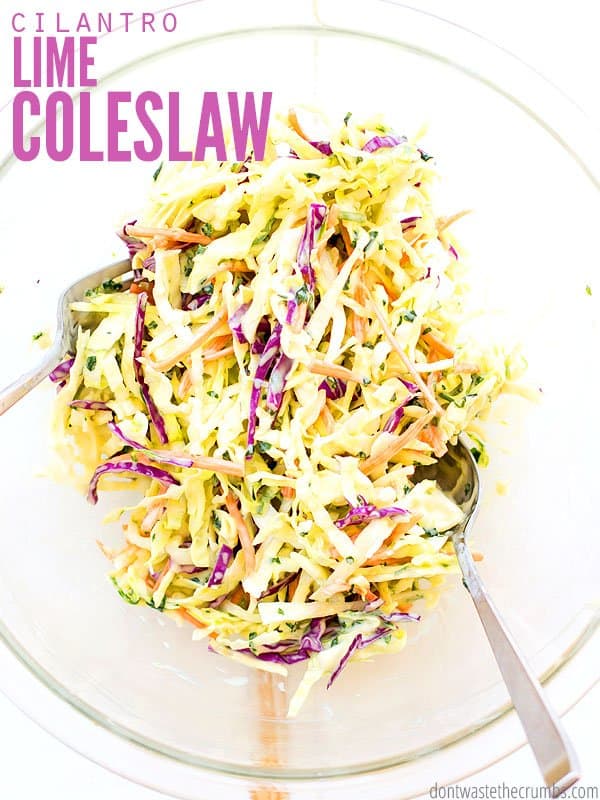 A glass dinner bowl filled with richly colored red and green sliced cabbage, tossed as a slaw. A fork sits ready to use. Text overlay Cilantro Lime Coleslaw.