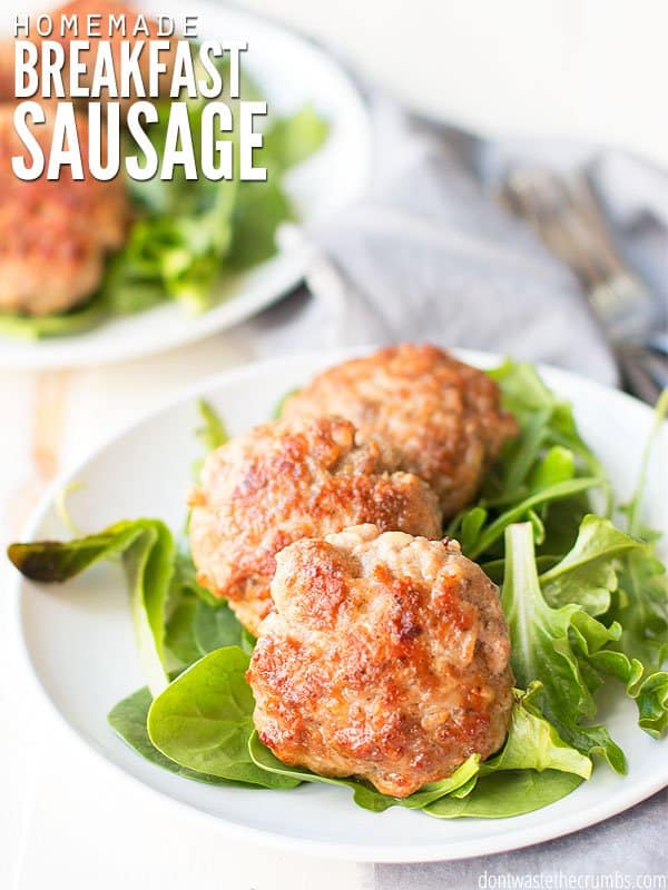 Skip the Jimmy Dean and make your own homemade breakfast sausage recipe instead! Use seasoning from your pantry, learn how to make patties or links, and use your choice of ground pork, turkey or chicken. Top with maple syrup if you'd like too! These freeze very well, and make for a fast, easy healthy breakfast! :: DontWastetheCrumbs.com